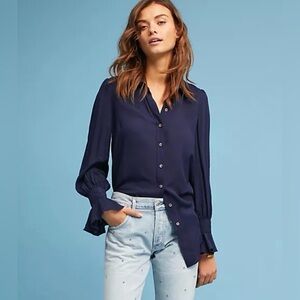 Maeve Anthropologie Navy Blue Ruffled Bell Cuff Button Down Blouse Top Size 8